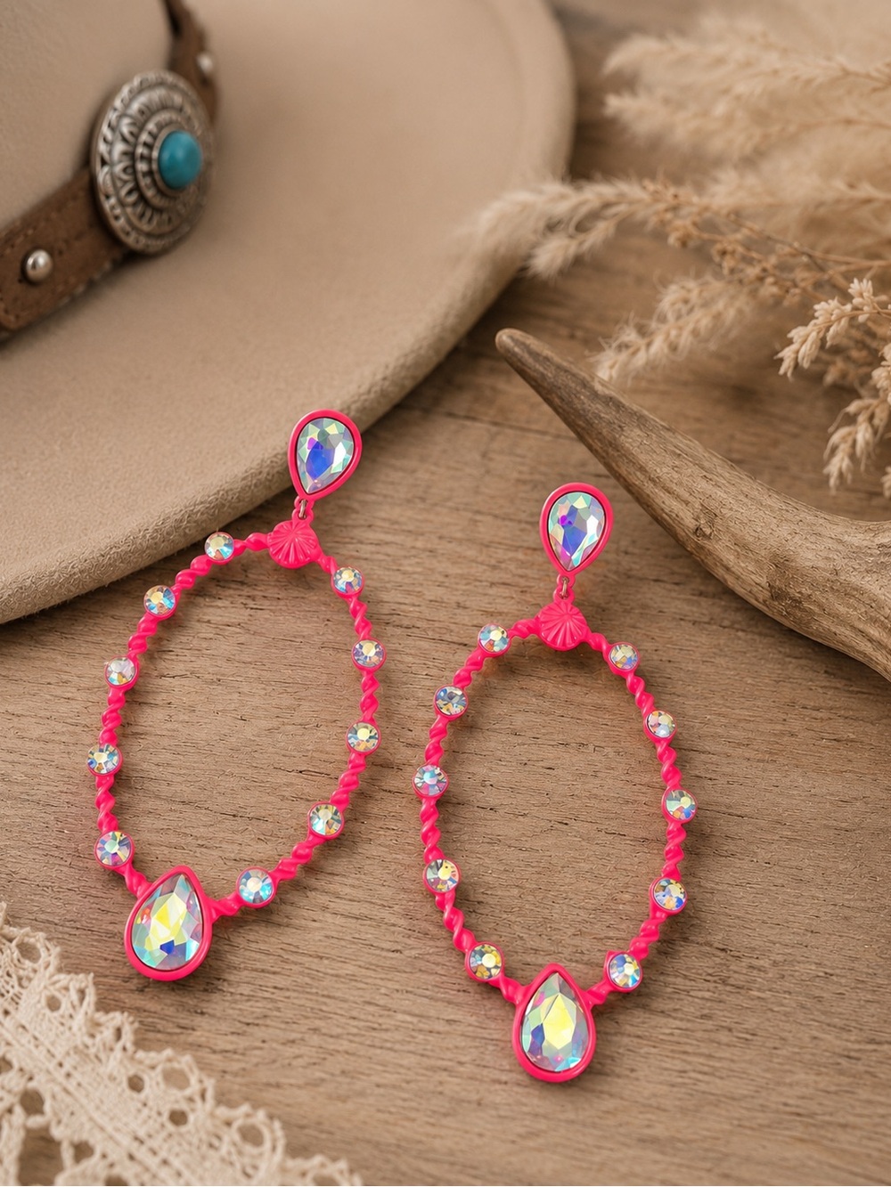 Large Pink Teardrop Crystal Hoop Earrings